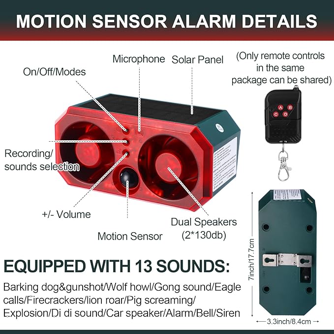 Qualirey 2 Pcs Solar Outdoor Motion Sensor Alarm Motion Sensor Animal Deterrent Dog Barking Alarm 13 Sound 130db Loud Noise Maker 4 Mode with USB Remote Control Support Recording Volume Adjustment