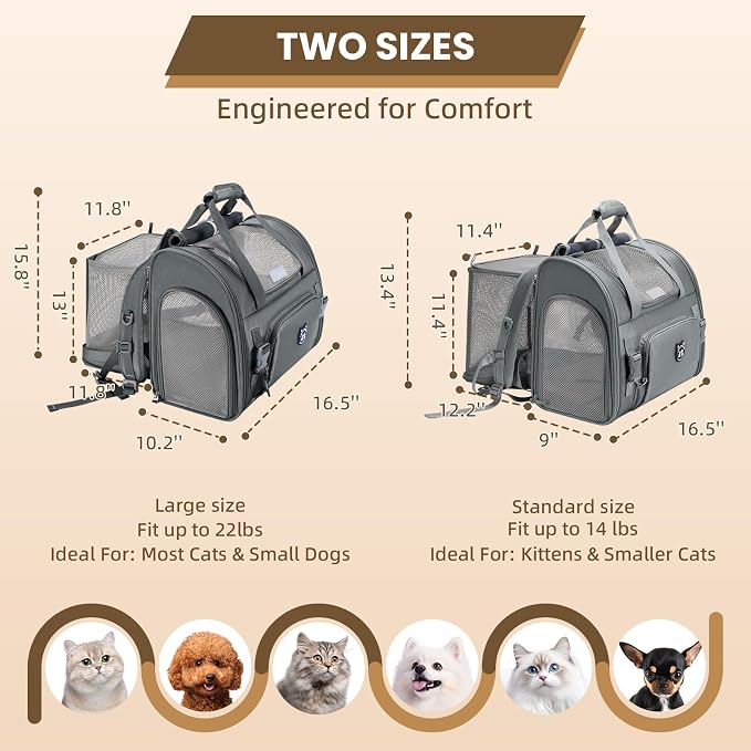 Expandable Cat Carrier Backpack for Large Cats - Airline Approved Pet Carrier Backpack for Small Dogs, Hiking & Travel, Waterproof with Breathable Mesh, 22lbs Capacity (Dark Grey, Large)