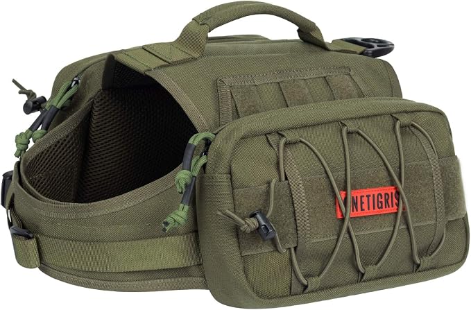 ONETIGRIS Dog Backpack for Medium & Large Dogs, Nylon Backpack for Dogs Tactical Pet Backpack with Side Pockets for Hiking Walking Training Running (Green, Medium)
