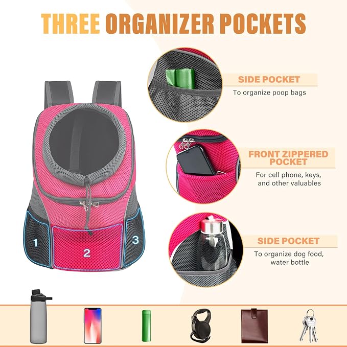 YUDODO Dog Front Carrier Backpack, Adjustable Breathable Dog Backpack | Ventilated, Safety Belt, Lightweight, Reflective Strip, Pocket Storage, For Walking Hiking Outdoor, Rose, L