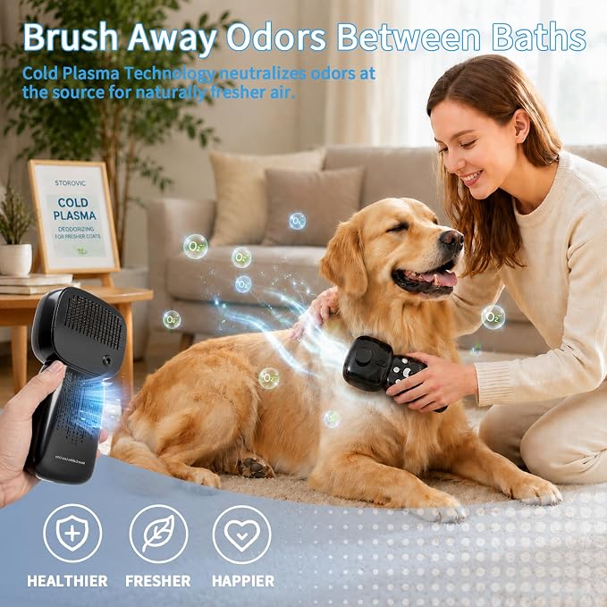 Dog Odor Remover Brush for Dogs & Cats, Cold Plasma Pet Freshening Brush, Helps Reduce Pet Smell Between Baths, Deshedding Comb with Rotating Adjustable Stainless Steel Pins