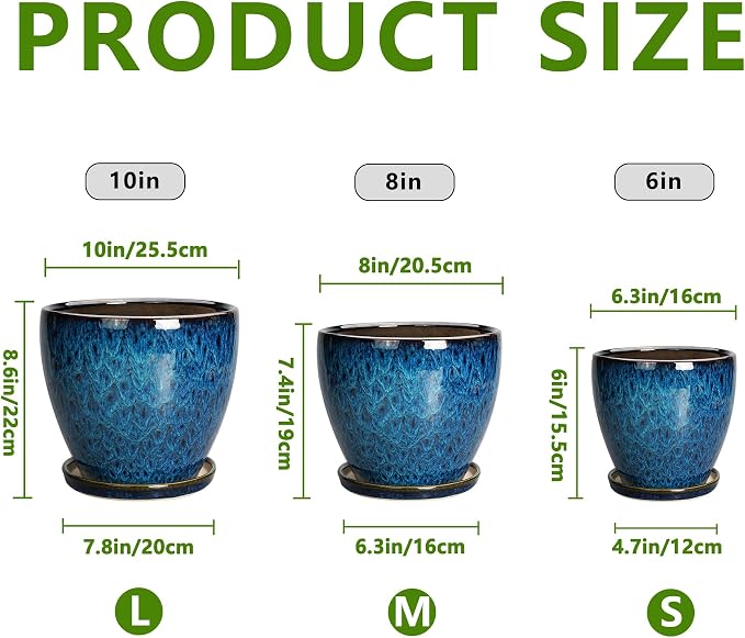 Plant Pots Indoor, Ceramic Planters Pots with Drainage Holes and Saucers, 10+8+6 Inch, Set of 3, Round Large Flower Pots for Indoor Outdoor Plants, Blue