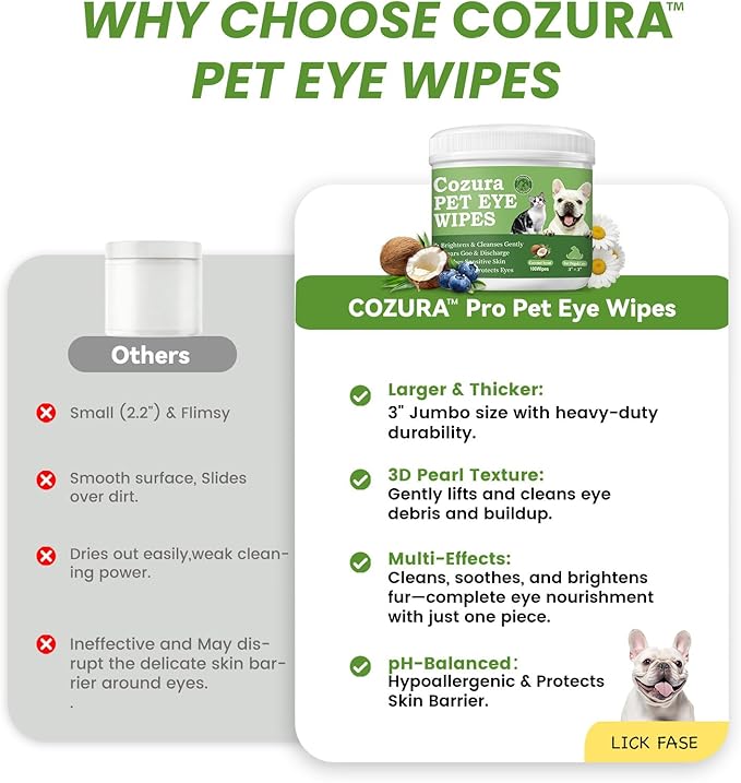 Dog Eye Wipes Tear Stain Remover for Dogs & Cats, Gentle Pet Eye Cleaner Pads to Remove Discharge, Crust & Boogers, Natural Grooming Supplies for Puppy, Kitten - 100ct, Coconut Scent