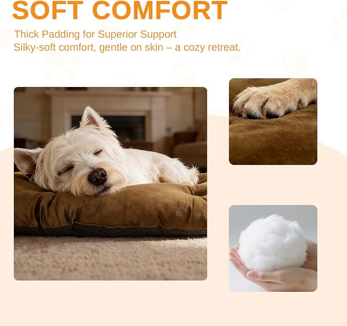 Washable Oval Dog Bed for Large Dogs, Silver-Tipped High-Resilience, Brown | Non-Slip Bottom Prevents Sliding, Soft Plush Short Fur, Machine Washable, Ideal for Crates/Apartments/Cozy Nooks,35"x22"x3.2"