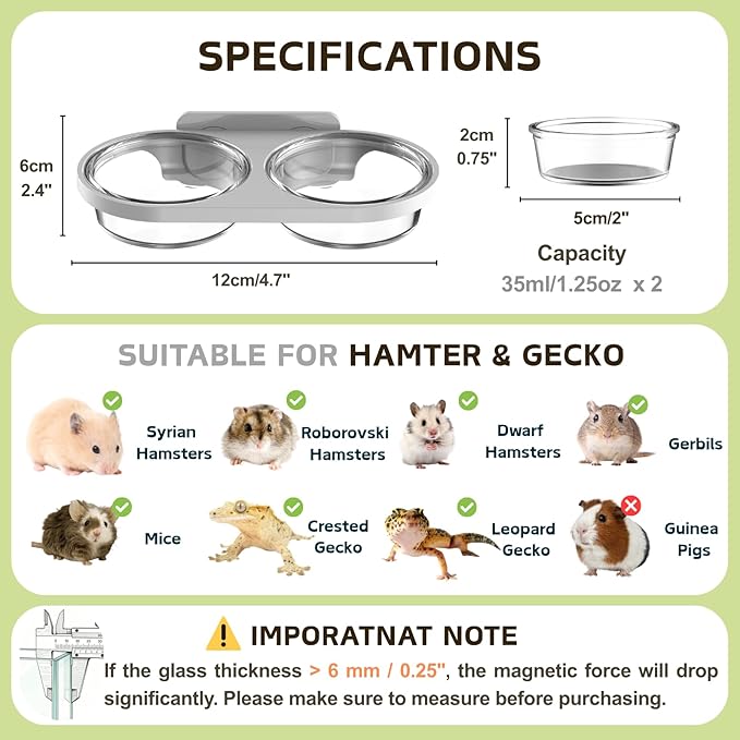 Magnetic Reptile Feeding Ledge with 2 Pack Plastic Bowls Food Feeder Water Dish for Crested Gecko Dwarf Hamster (Green, Magnetic-Mounted)