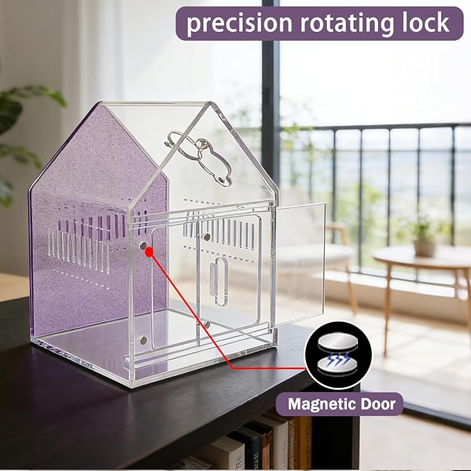 Magnetic Acrylic Spider Enclosure 5.3x5.3x7.3 Inch, House Shape Terrarium with Sparkling Purple Background for Jumping Spiders, Tarantula Slings & Mantis, Escape-Proof Habitat with Ventilation