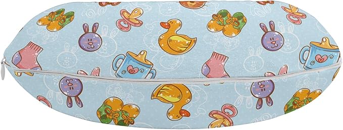 Ambesonne Cartoon Travel Pillow Neck Rest, Sun Teddy Bear Ribbon Feeder Pacifier Chick Kitty Cat Design, Memory Foam Traveling Accessory for Airplane and Car, 12", Pale Blue Cinnamon