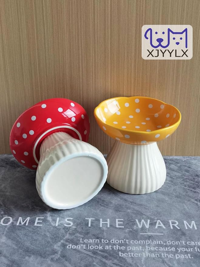 Mushroom Elevated Cat Bowls Ceramic, Cute Cat Bowls Whisker Fatigue | Raised Cat Bowl for Indoor Cats, Raised Dog Bowls Stand for Food and Water, Red 6" Wide for Adult Cats