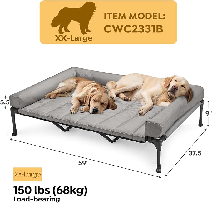 Veehoo Cooling Elevated Dog Bed Add Removable Waterproof Bolster Cushion Mat, Raised Pet Cot with Breathable Teslin Mesh, No-Slip Feet, Dog Couch Bed for Indoor Outdoor, 59x37.5inches, Grey, CWC2331B