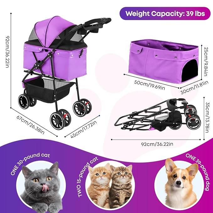 Pet Stroller,Dog Stroller for Small Medium Dogs Cats,3 Wheels,Purple | Foldable,with Breathable Mesh Canopy,Cup Holders,Easy Assembly