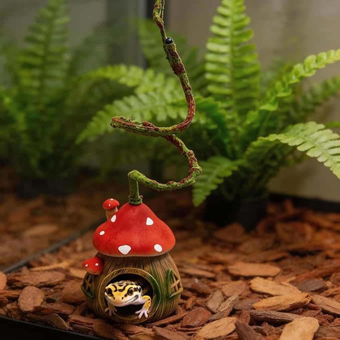 Jumping Spider Hide with Bendable Vine – Mushroom Cave for Tarantula, Gecko & Tree Frog – Reptile Terrarium Decor for Spider Enclosure & Reptile Tank (4"x4"x12")