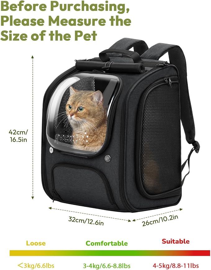 Pecute Cat Backpack Carrier,Large Space Cat Bubble Backpack,Ergonomic,Black | Sunshade Curtain,Transparent Window,Safety Rope,Sturdy,Large Mesh on Both Sides for Breathability,Suitable for Outdoor,Vet