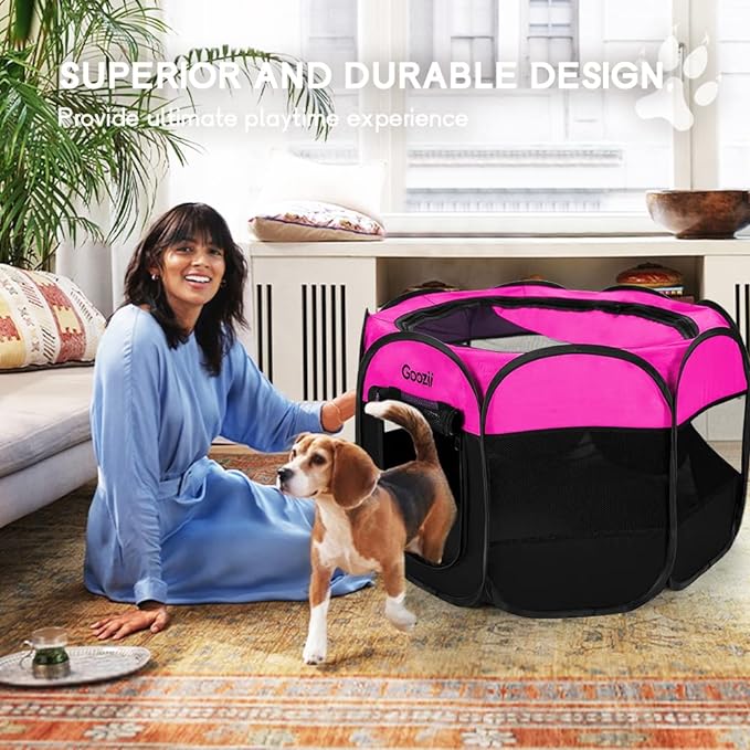 Portable Large Pet Cat Playpen for Indoor Outdoor Cats, Foldable Big Dog Playpen Tent Kennel Crate with Cover Enclosed for House Puppy Travel Camping (Large Size, Pink)