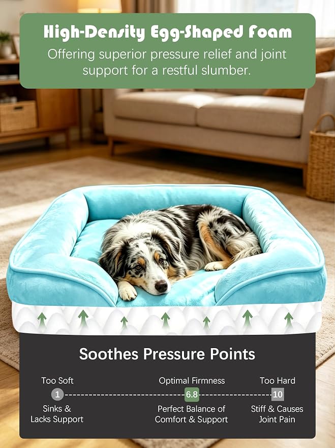 Spotted Play Orthopedic Dog Bed with Sides - Sofa Beds for Large Dogs, Supportive Foam Pet Couch Bed with Washable Removable Cover, Waterproof Lining and Non-Slip Bottom, Ice Blue - L