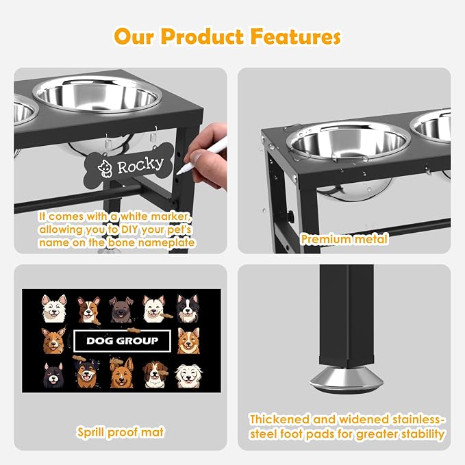 4-Bowl Elevated Dog Bowl Stand – 4 Adjustable Heights with 58oz/1700ml Stainless Steel Bowls & Splash Pad for Medium & Large Breeds, Multi-Pet Households