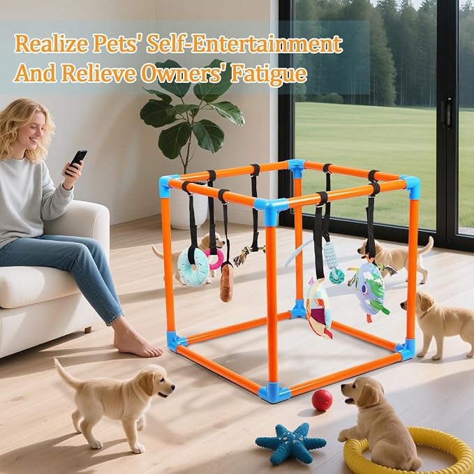 Liitrton Puppy Play Gym for Small Dogs with 8 Hanging Toys, Orange | 19.5"x19.5"x19.5" PVC Frame, Indoor Puppy Jungle Gym with Interactive Puppies Toys