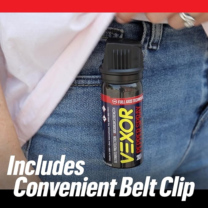 Vexor Pepper Spray Full Axis with Belt Clip for Self Defense — Maximum Police Strength, 20-Foot Range, Full Axis Capability, Flip Top Safety for Quick and Accurate Aim, Protection