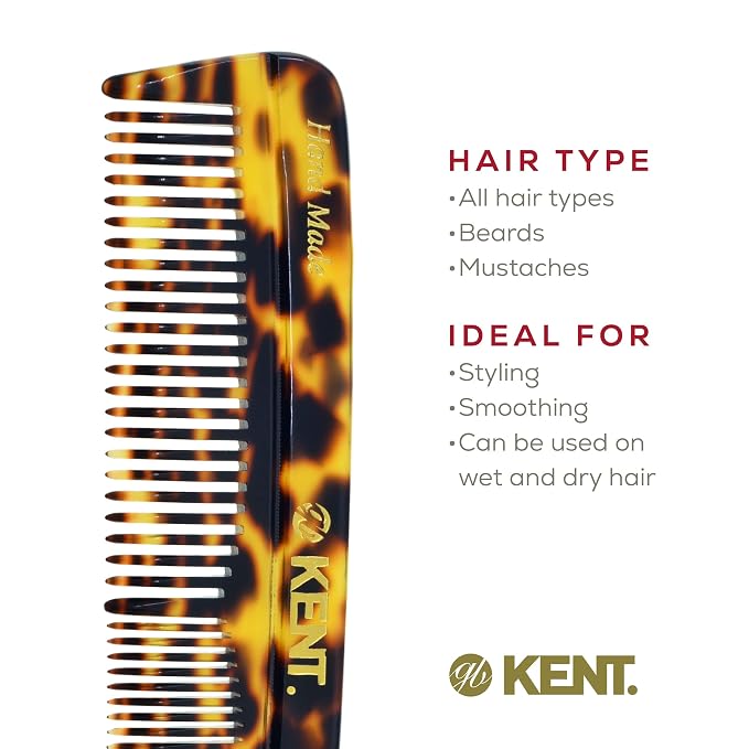 Kent R7T TY Fine and Wide Tooth Hair Comb, Handmade Pocket Comb for Men, Beard and Mustache Combs for Everyday Grooming and Styling, Sawcut Kent Combs, Made in England