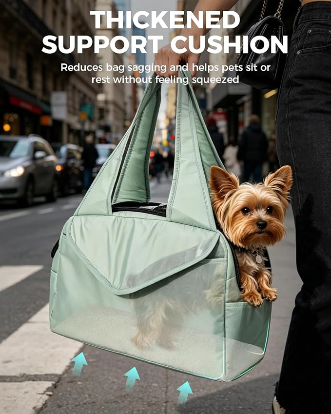 Lightweight Dog Purse with Large Pockets for Small Dogs up to 8 lb | Stylish, Soft-Sided Small Dog Carrier with Safety Buckle and Breathable Anti-Scratch Mesh for Travel, Sage Green