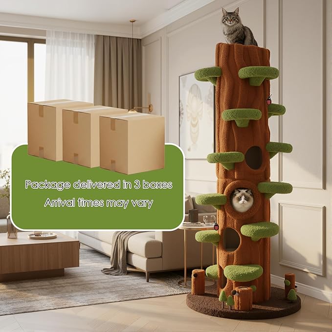 2-Pack 90.5" Tall Cat Tree for Indoor Cats, KAMABOKO Multi-Level Tall Cat Tower with Sisal-Covered Scratching Posts, Plush Perches, Hanging Toys & Spring Toys, Large Kitty Condo with Jumping Platforms
