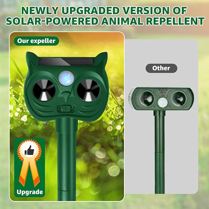 Solar Ultrasonic Animal Repellent Outdoor Motion Sensor Deer Repellent Devices Squirrel Cat Raccoon Deterrent with Strobe Light Dual Mode, Keep Skunk Away Protection for Yard Garden Lawn 1Pack