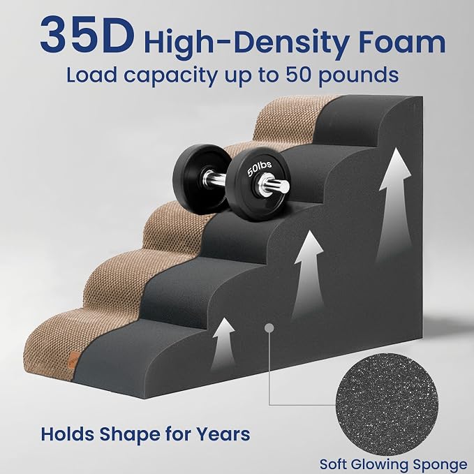 GoGoBunny Ramp Dog Stairs for High Beds 24.4" H, 5-Step Extra Wide Dog Slope Stairs with Durable Waterproof Fabric Cover, Pet Steps for Old Large Dogs Climbing, Non-Slip Sturdy Indoor Step, Camel