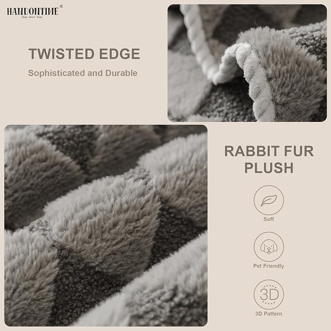 HANDONTIME Non-Slip Pet Couch Cover Washable, Plush Faux Fur Couch Protector for Cushion Pet-Friendly Sofa Covers for Dogs, Checkered Diamond Sectional Covers Dog Mat for Sofa (Grey, 35.6" x 63")