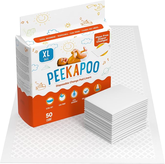 Peekapoo X-Large Disposable Baby Changing Pad Liners, 50 Pack, 30 x 18 in | Super Soft, Waterproof, Ultra-Absorbent, Fragrance-Free, 30 x 18 Inch, Portable, Travel-Friendly, Pee Pads, BPA & PFAS Free