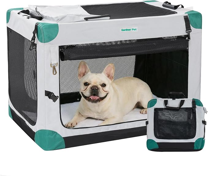 Gardner Pet Soft Collapsible Dog Crate - 26 Inch Portable Travel Dog Crate for Puppy/Small Dogs Indoor & Outdoor, 3-Door Pet Crate with Durable Mesh Windows & Storage Bag, Grey