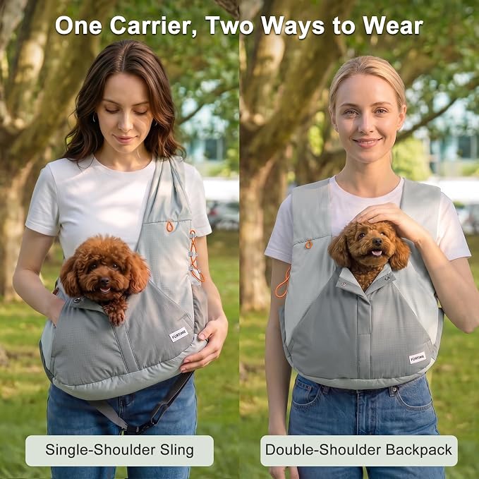 FURTIME Dog Sling Carrier, Puppy Sling for Small Dogs Up to 16 lbs | 2-in-1 Backpack and Shoulder Bag, Hands-Free Pet Carrier with Safety Tether & Adjustable Strap for Outdoors, Grey