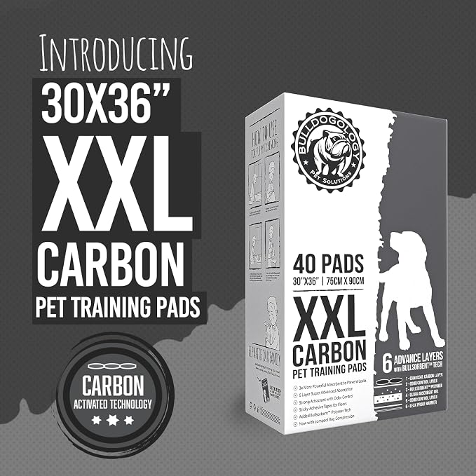 Bulldogology Charcoal XXL Pee Pads for Dogs (30x36) Puppy Pee Pads with Adhesive Sticky Tape - Leak Proof Puppy Pads - Ultra Absorbing Charcoal Dog Pads - Activated Carbon Pee Pads (40-Count)