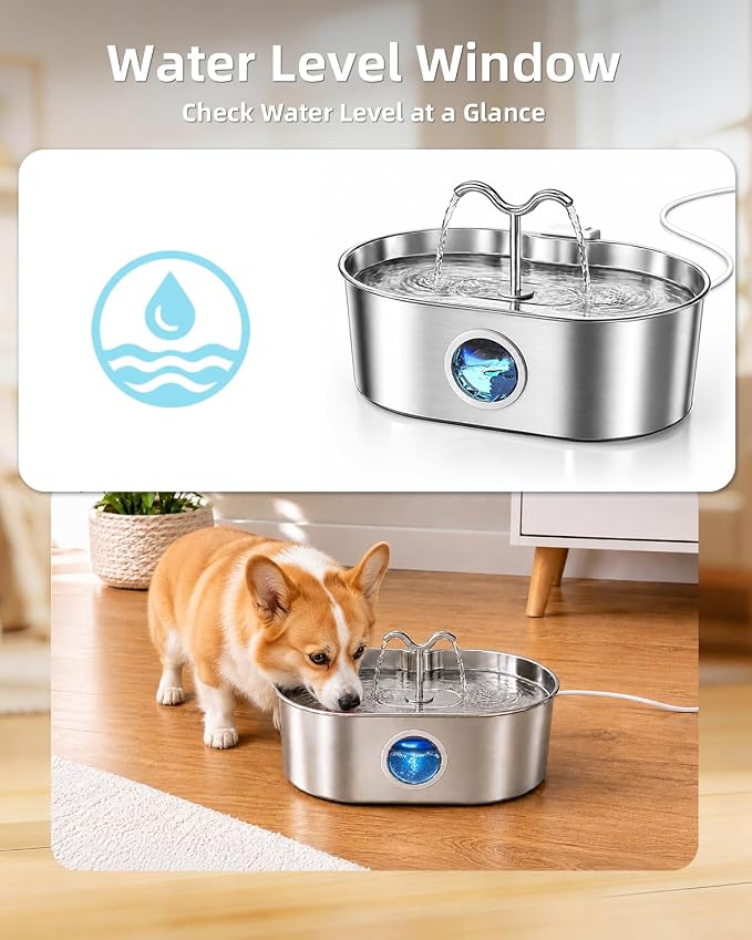 8L/270oz/2Gallon Stainless Steel Dog Water Fountain Pet Fountain | Automatic Pet Water Dispenser - Self-Designed Filtration System - Ultra-Quiet Pump - Easy Cleaning & Maintenance (6 Filters)