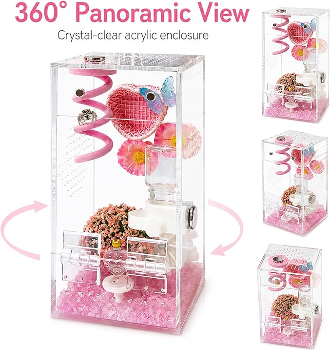Jumping Spider Enclosure,DIY Insects Habitat,Small Reptile Terrarium Glass House Accessories Set,with Jumping Platform Hide Water Feeder (Pink B)