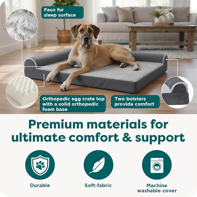 FurHaven Orthopedic Dog Bed for Large Dogs, L-Shaped Chaise Mattress, Egg Crate with a Solid Orthopedic Foam Base for Joint Support, Removable Washable Cover, Jumbo XL, Plush & Velvet, Sable Brown