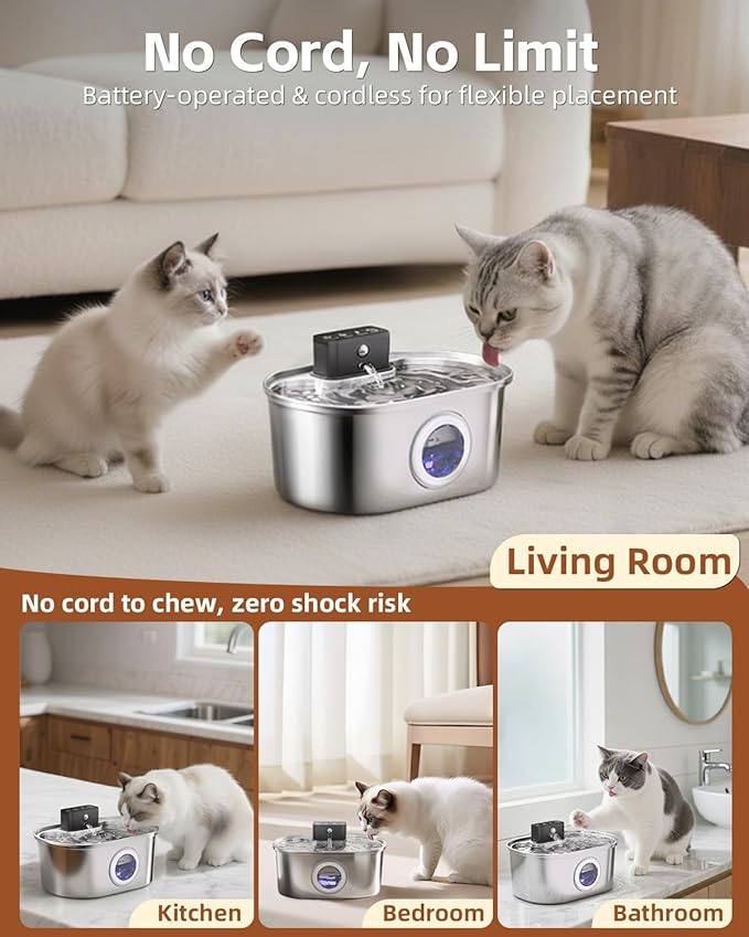 Cordless 3.2L/108oz Stainless Steel Cat Water Fountain Pet Fountain | Rechargeable Pet Water Dispenser - Motion Sensor Activation - Multi-Layer Filtration - Ultra-Quiet Pump (1 Filters)