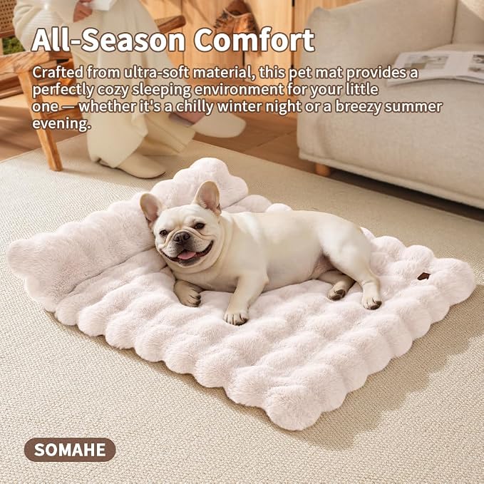 SOMAHE Cat Bed and Small Dog Bed Mat, Raised Pillow, 27 x 20 Inch, White | Self-Warming Fuzzy Faux Fur Surface, Soft Plush Pet Sleeping Pad for Indoor Cats, Machine Washable, Non-Slip Bottom