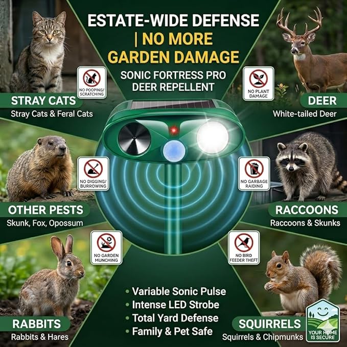 4Pack Sonic Fortress Pro Deer Repellent Devices Squirrel Rabbit Cat Raccoon Fox Deterrent Solar Ultrasonic Animal Repellent Outdoor with Motion Activated Strobe Light for Yard Lawn Garden Protection