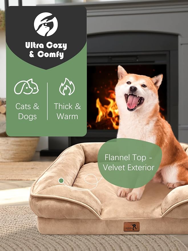 Spotted Play Orthopedic Dog Bed with Sides - Sofa Beds for Medium Dogs, Supportive Foam Pet Couch Bed with Washable Removable Cover, Waterproof Lining and Non-Slip Bottom, Brown - M