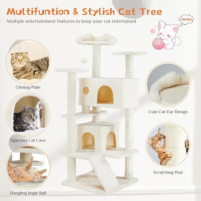 Sweetcrispy 54-Inch Cat Tree Tower – Multi-Level with Sisal Scratching Post, Perfect Pet Gift, Indoor Condo with Climbing Ladder, Plush Toy, and More Animal Stuff, Beige