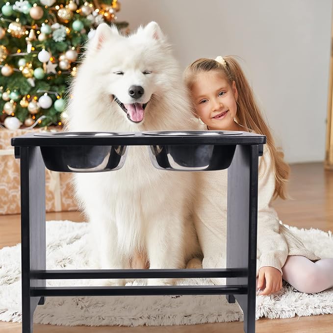 HTB Elevated Dog Bowl Stand with 2 Stainless Steel Bowls-14 H X-Large Black | Raised Dog Bowl Stand, 14"tall, 48 Oz Bowls, for Large Sized Dogs, Pet-safe, Solid Bamboo