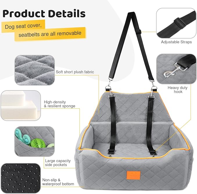 XIEEAOZEE Dog Car Seat for Large/Medium Dog, Booster Seat for Dogs Under 55Lbs or 2 Small Puppy, Detachable and Washable Travel Pet Bed with Thick Cushion and Storage Pockets (Gray)