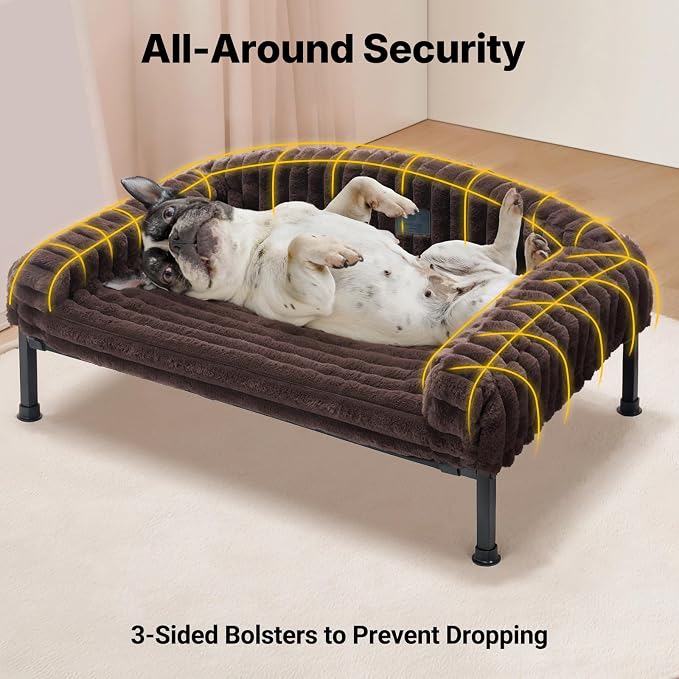 Veehoo Elevated Dog Bed with Bolster Cushion, Fluffy Plush Dog Couch Beds for Small Dogs, Cats, Washable Raised Pet Cot with Non-Slip Feet for Indoor or Patios Use, 24 x 18 Inches, Brown