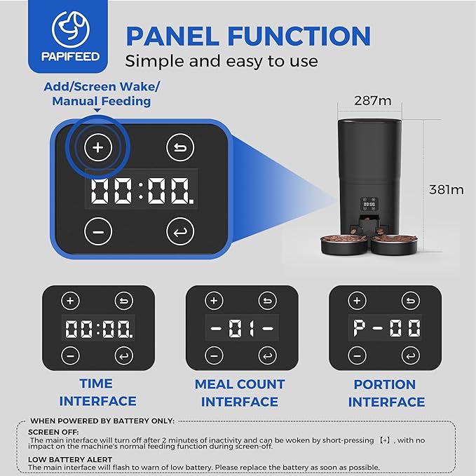 PAPIFEED Automatic Cat Feeder for 2 Cats, 7L Large Capacity Food Dispenser for Multiple Pets, Timed Cat Feeder for Dry Food, Detachable for Easy Cleaning, Up to 12 Portions 6 Meals Per Day - Black