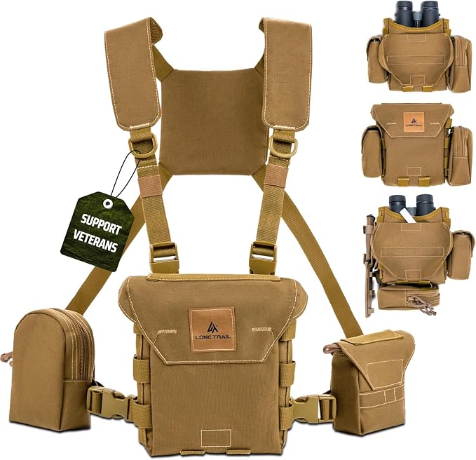 Binocular Harness Chest Pack - Bino Harness Hunting Chest Rig | Waterproof 500D Cordura case, silent magnetic closure, MOLLE rangefinder pouch, elk deer glassing