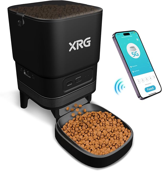 Automatic Cat Feeder 5G WiFi,Automatic Dog Feeder Double Anti-Blocking,WiFi Auto Timed Cat Dispenser 10 Meals A Day,Dog Food Dispenser Dual Power with 10s Voice Recorder,Easy to Install & Clean,Black