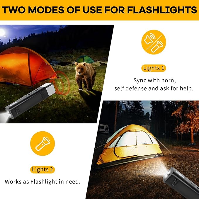 130dB Electronic Bear Deterrent Air Horn Rechargeable, 3 Tone High Volume Bear Deterrent Device Handheld with LED Flashlight Lanyard for Hiking Camping Emergency Outdoor Survival (Black)