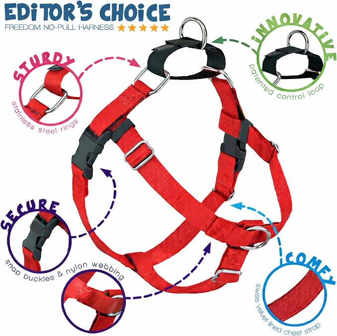 2 Hounds Design Freedom No Pull Dog Harness, 5/8 inch SM, Red | Discourages Pulling, Comfortable Control Adjustable Dog Harness for Small Sized Dogs, Made in USA (Leash Not Included)