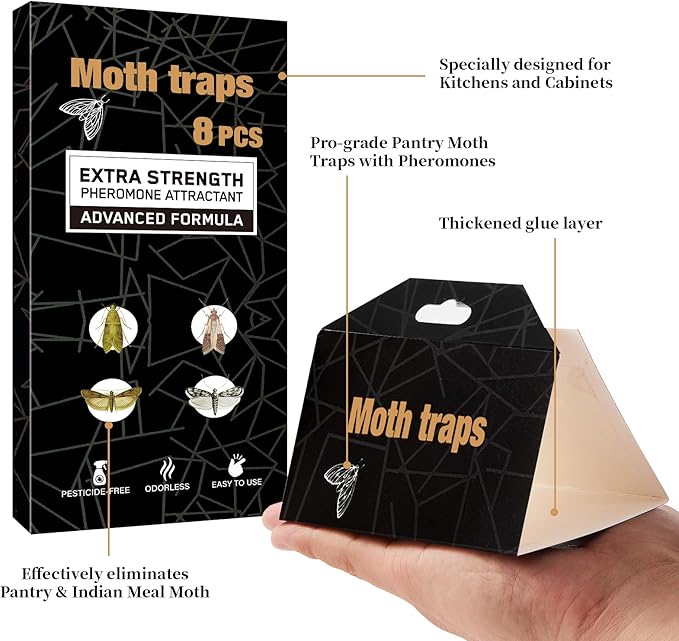 PIMAG Upgraded Moth Traps, Double Potent Pantry & Clothes Traps with Pheromones Prime, No Toxic & Odorless Meal Moth Trap, Organic Sticky Moths Balls Repellent with Lure for Closet, Kitchens -8Pack