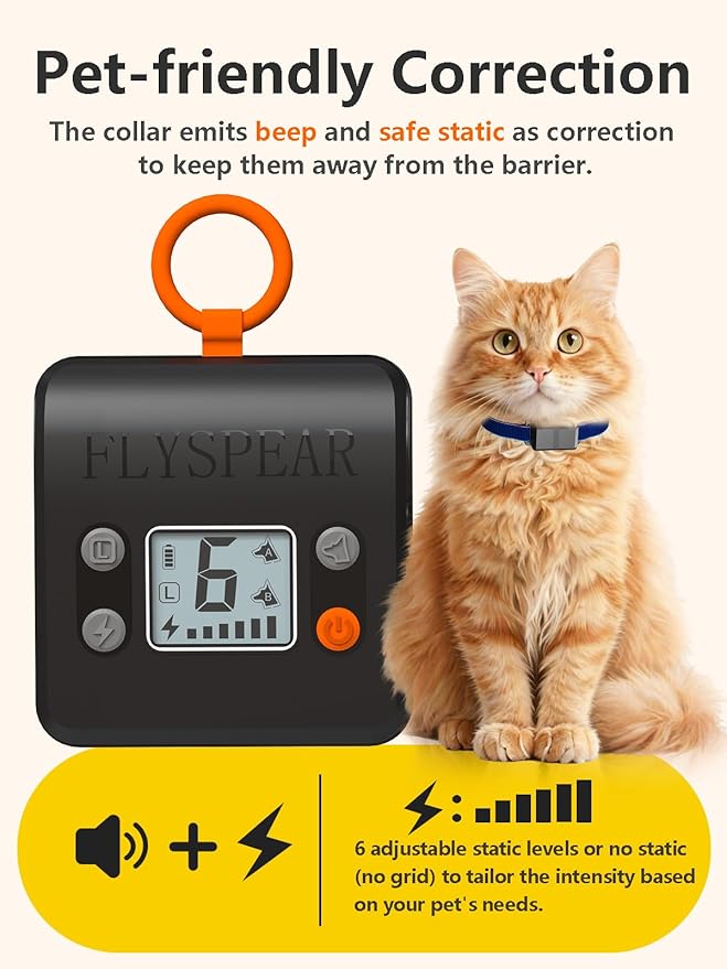 FLYSPEAR Wireless Cat Barrier - Rechargeable Indoor Barrier with 6 Adjustable Range Radius up to 7 ft, 6 Adjustable Safe Static Intensity for Cats Small Dogs with Hook (Wireless Barrier Kit)