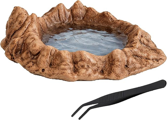 Reptile Water and Food Bowl with Feeding Tweezers Volcanic Rock Style Cement Feeding Dish for Bearded Dragon Leopard Gecko Lizard and Snake Non-Tip Terrarium Decor Landscape Accessory (Brown)